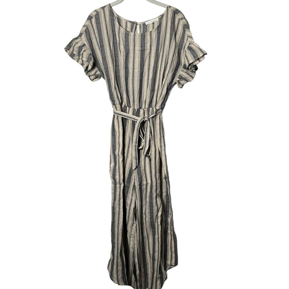 June and Hudson Gray Cream Striped Short Sleeve Jumpsuit Small